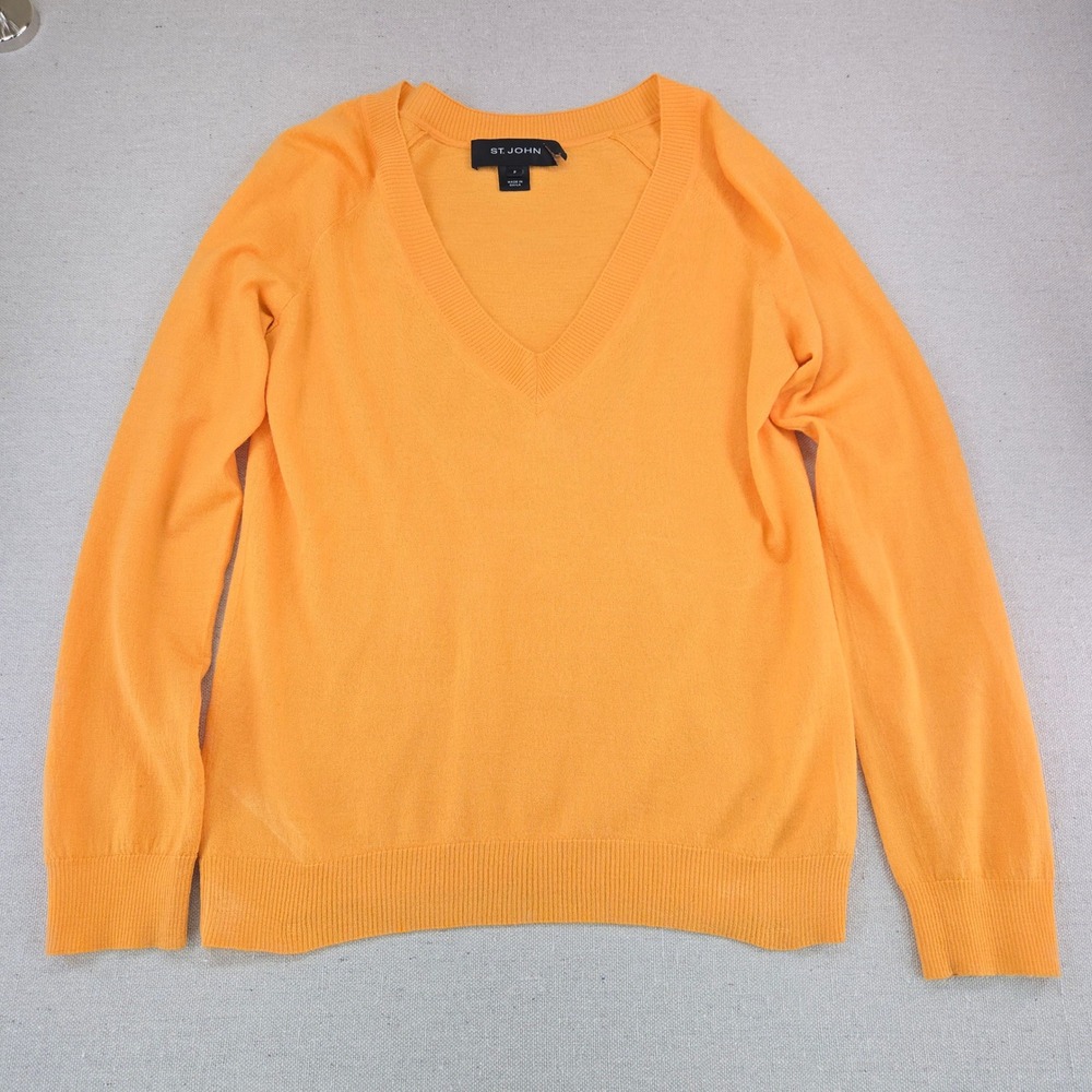 St John Orange V-Neck Knit Sweater Petite P Fine Luxury Minimalist